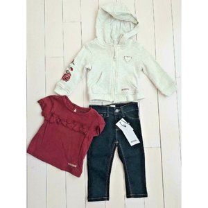 HUDSON KIDS 3-Piece Baby Girl Set Hoodie Ruffle Tee & Blue Jeans 12 Months